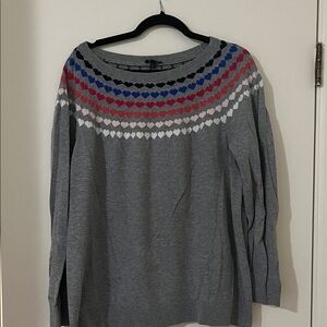 Talbots Gray Crewneck Sweater with Multicolor Heart Yoke